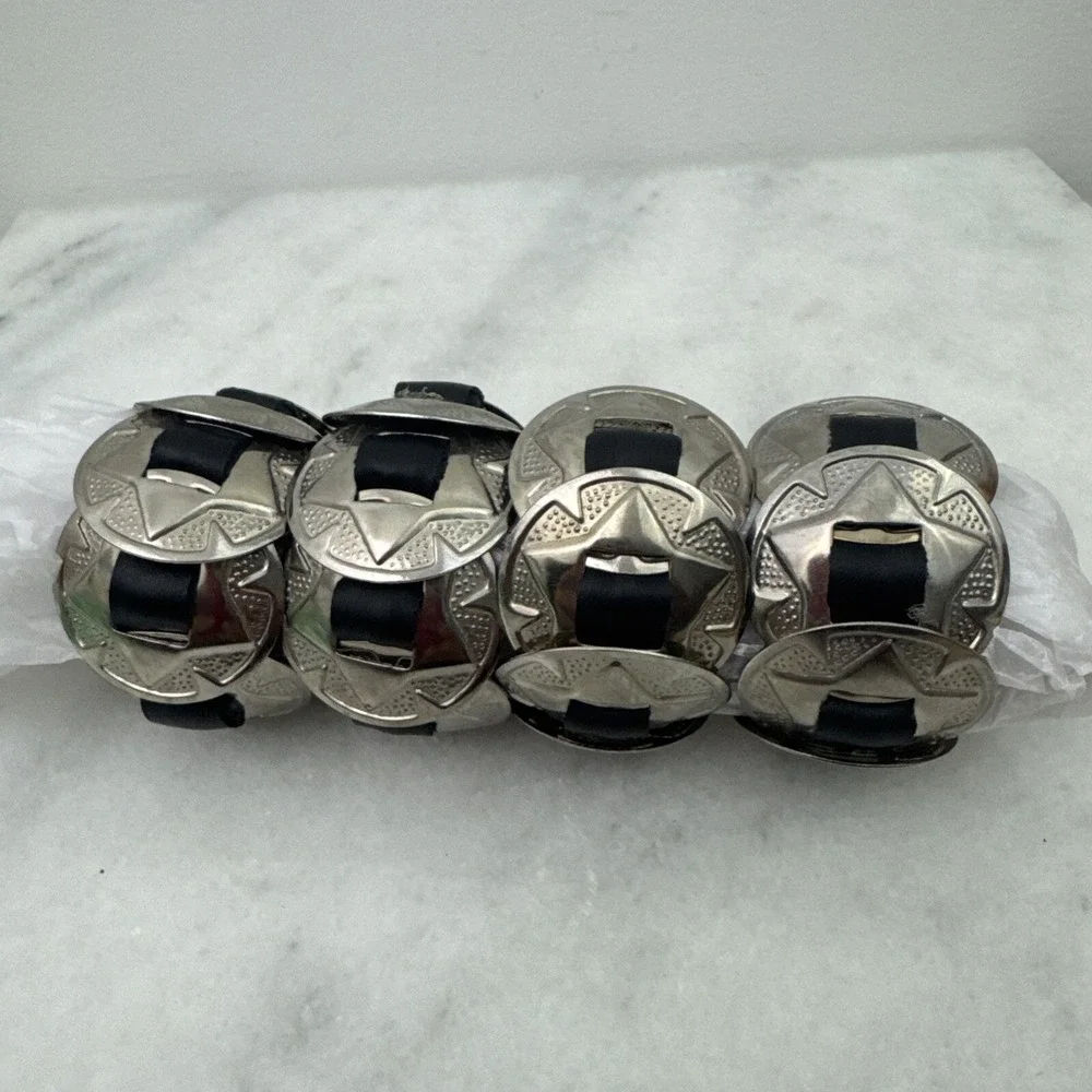 Western Leather Belt & Buckle Napkin Rings Black Silver Tone Set of 4